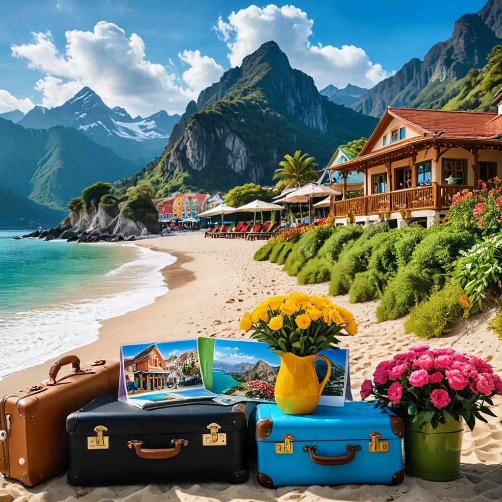 A stunning landscape featuring a diverse array of affordable holiday destinations, including a serene beach, majestic mountains, and vibrant cityscapes. Incorporate elements like a cheerful group of travelers exploring, a suitcase overflowing with essentials, and colorful tour package brochures scattered around. The sky should be bright and inviting, conveying a sense of adventure and discovery. A cozy café scene in the foreground adds warmth and charm. vibrant colors. super-realistic.