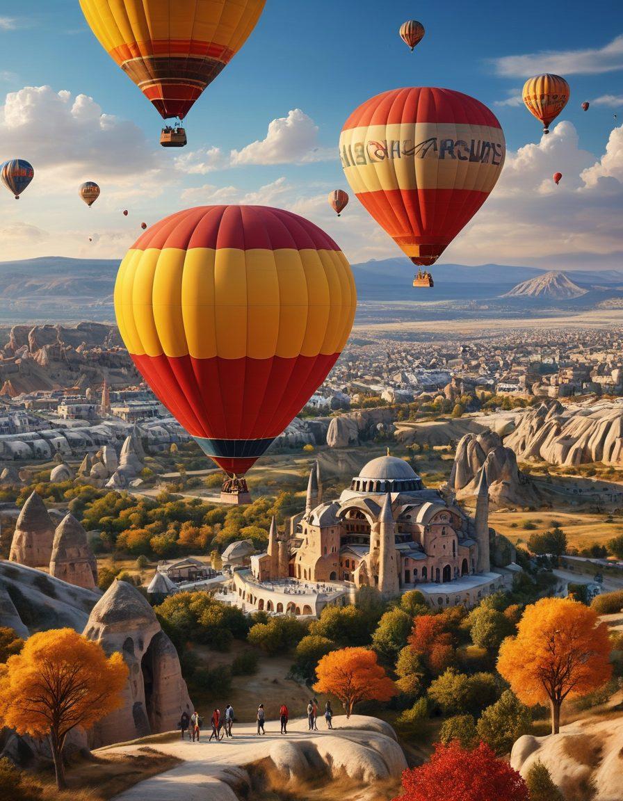 A serene landscape blending iconic Turkish landmarks like the Hagia Sophia and picturesque hot air balloons over Cappadocia, combined with a joyful family enjoying their journey with Turkish Airlines. Include elements like a vibrant airplane in the sky and luggage filled with travel souvenirs. The scene should evoke a sense of adventure and cultural richness. super-realistic. vibrant colors. 3D.